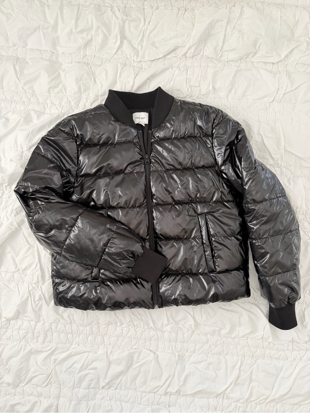 Black Shiny Quilted Puffer Jacket Nine West